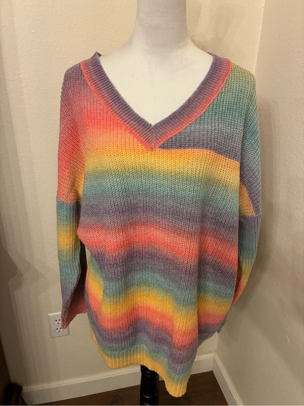 BloomChic Rainbow Stripe V-Neck Sweater in Coral, Yellow & Teal